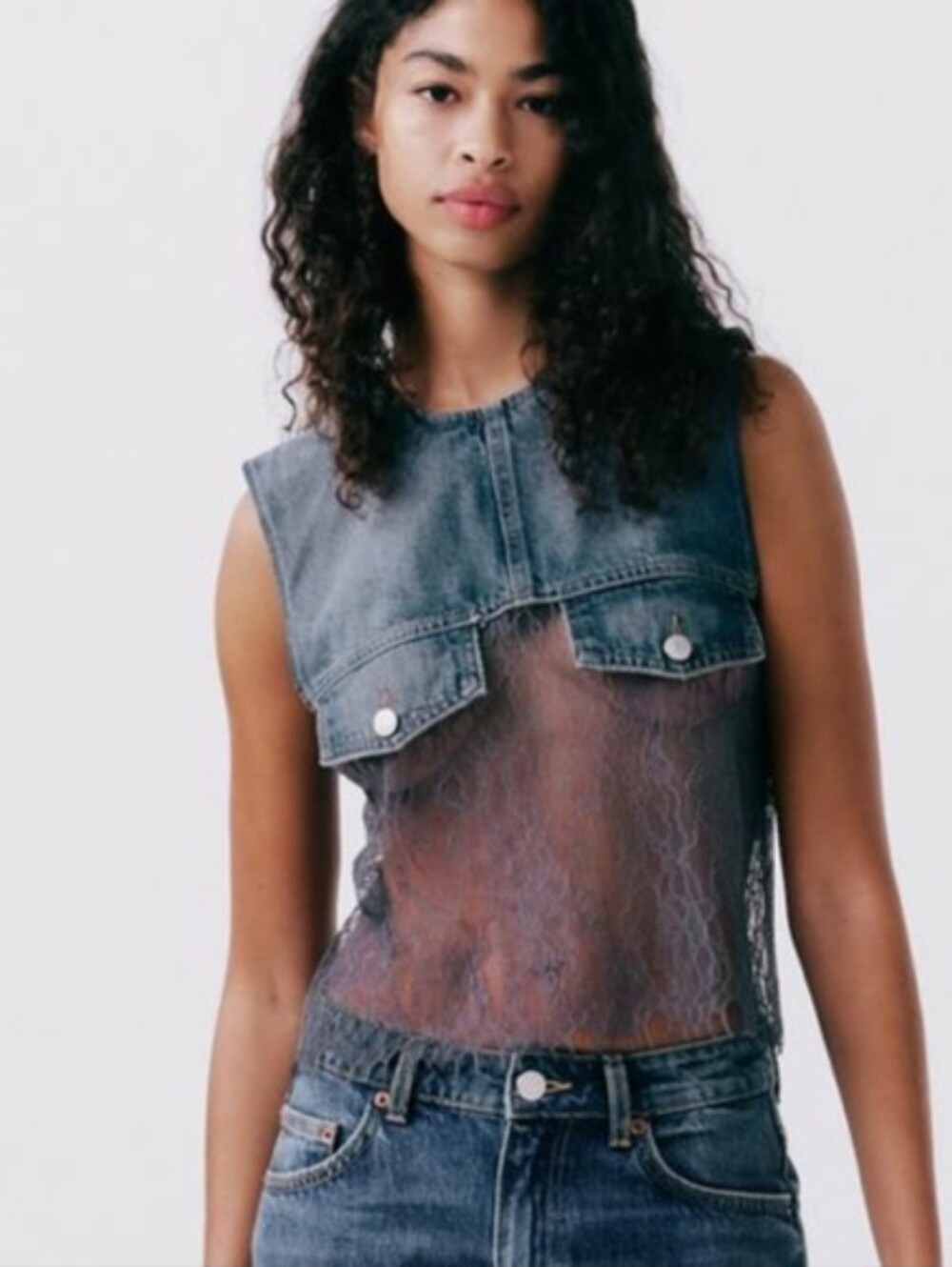 Sz S New Zara LACE TRIMDENIM TOPBLUE / GRAY